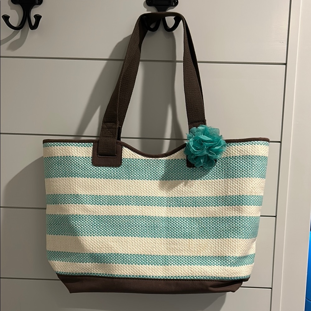 Teal and Brown Canvas Tote with Handles